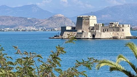 view of Bourtzi Castle in the harbor of Nafplio, Greece